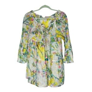 Sunny Studio Paris Boho floral metallic print top Pom Pom detailing Size L/XL